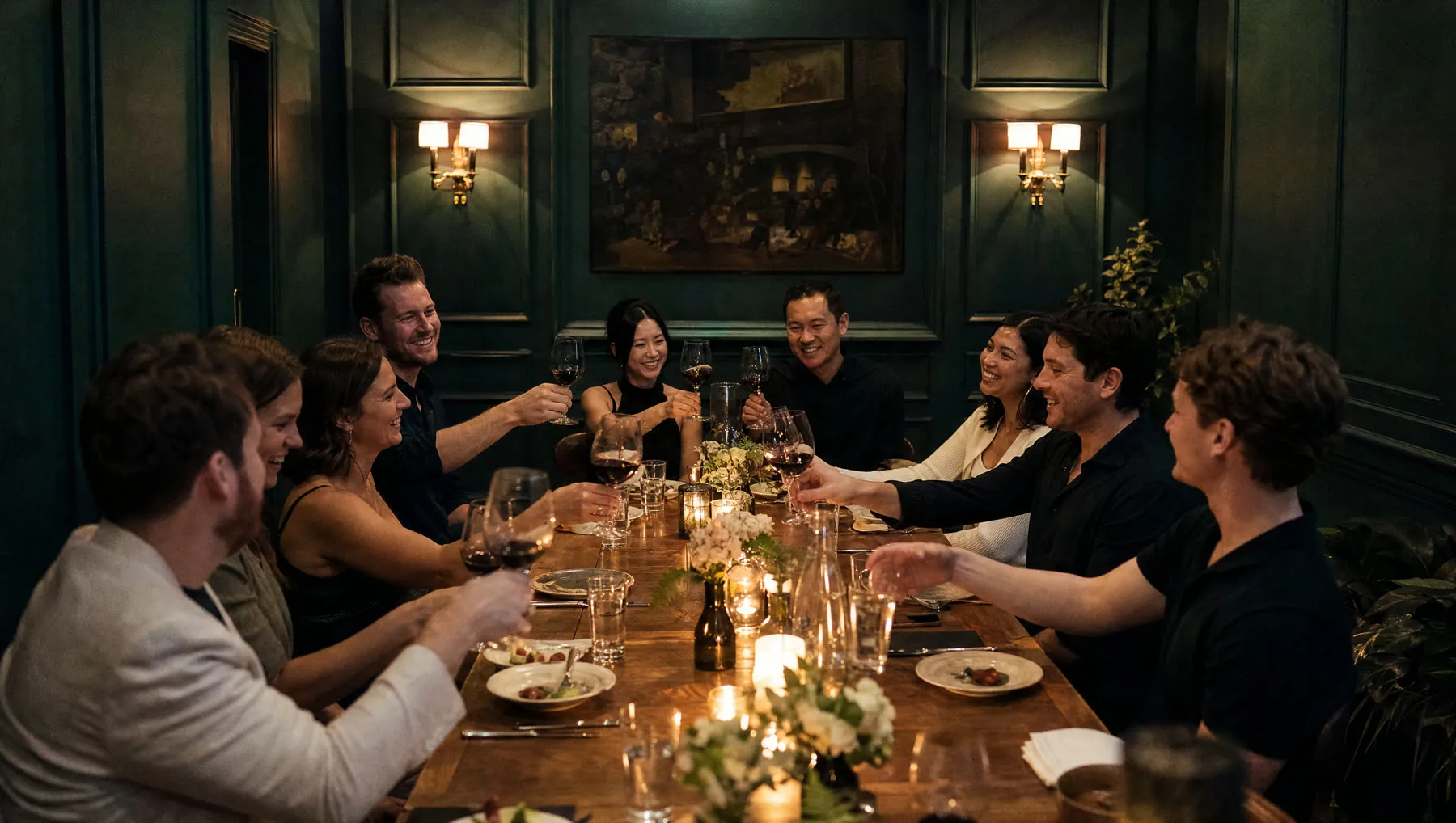 A long private dining table with guests raising glasses by candlelight