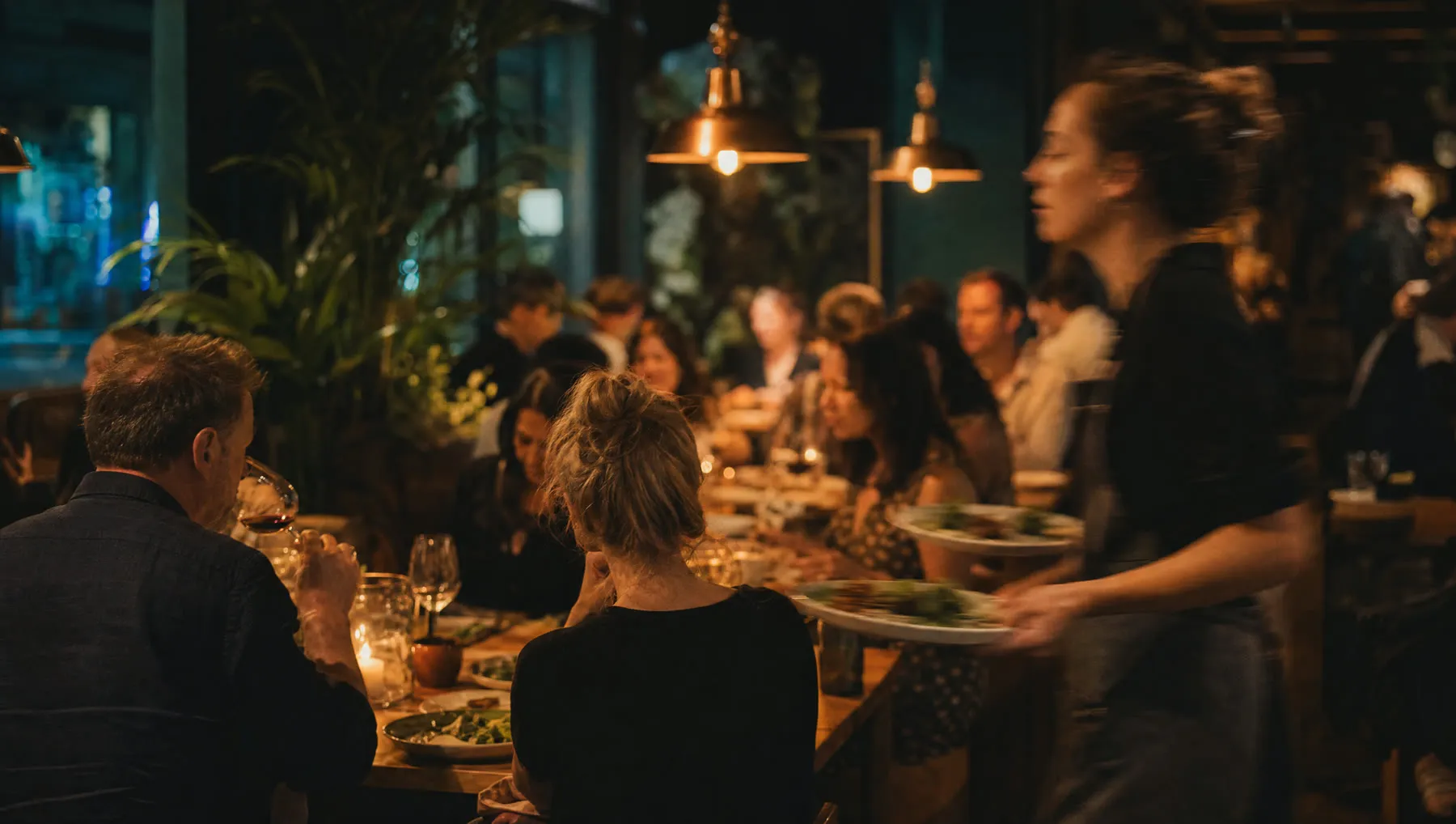 A server carrying plates through a full dining room at dinner service
