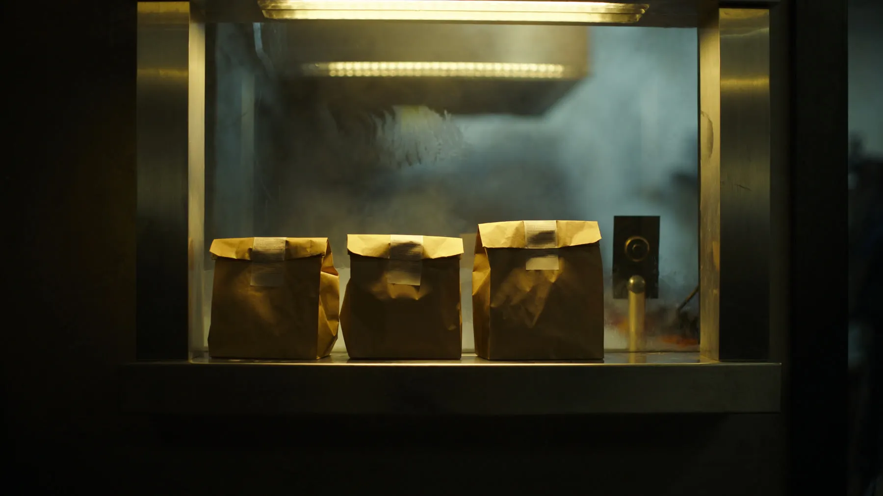 Paper bags waiting under a heat lamp on a stainless steel pass